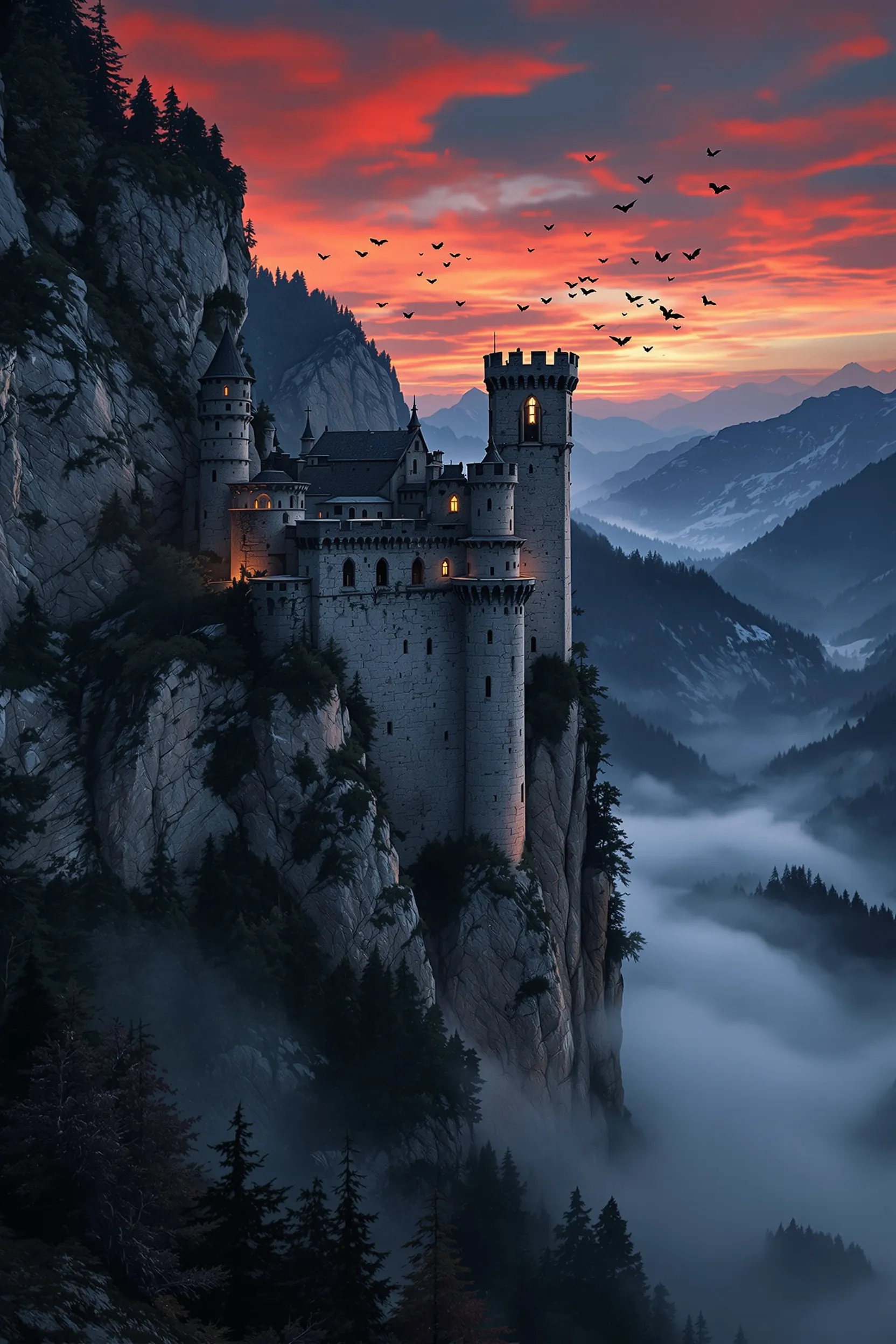 Dracula demonstration cover: a pale aquiline figure against a crimson Transylvanian sky