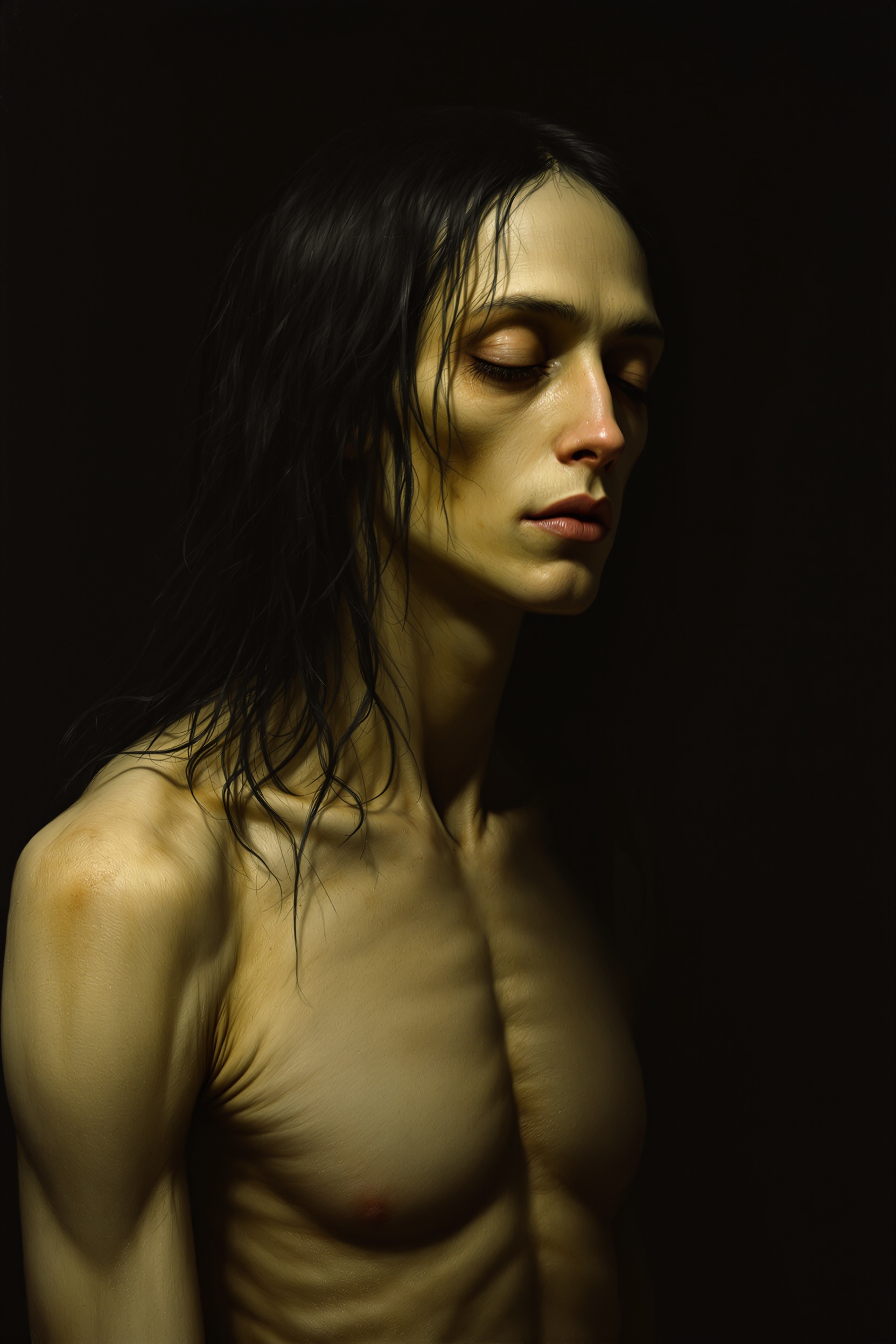 The Creature: a figure of sallow skin and flowing black hair, eyes cast downward