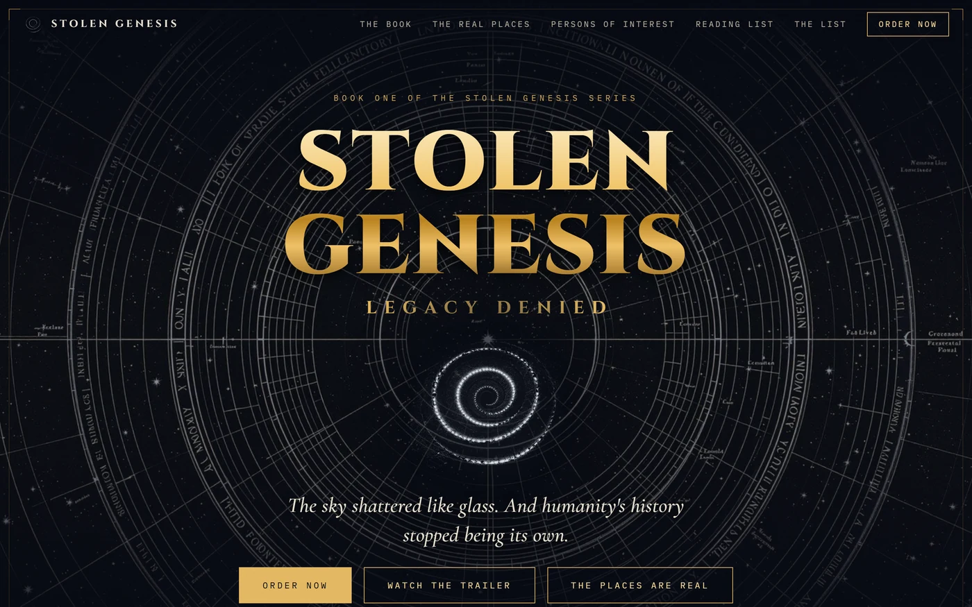 Stolen Genesis website, the chosen Deep Time edition: engraved gold title on midnight navy with an antique star chart