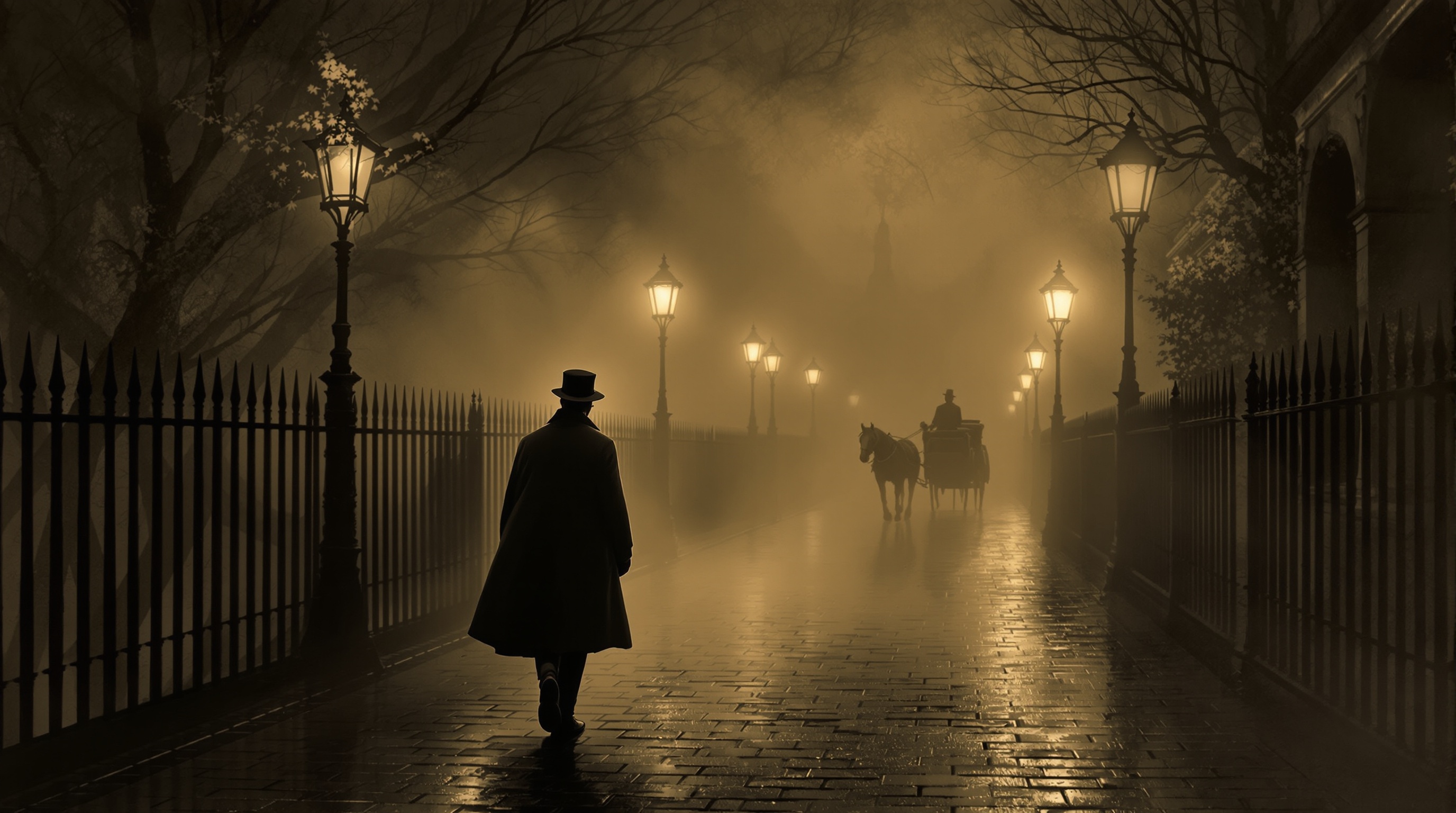 A fog-shrouded Victorian London street, gaslight glowing in the mist